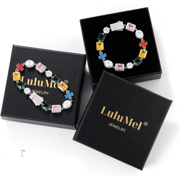 Colorful Diamond Cross Tennis Chain Bracelet 8in Gold Plated - Picture 7 of 8